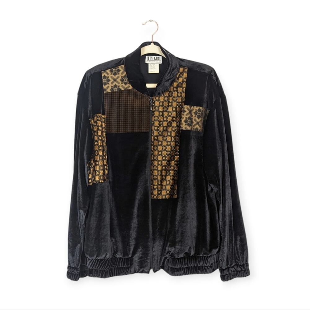 Vintage City Girl By Nancy Bolen Black & Brown Velvet Zip Front Jacket